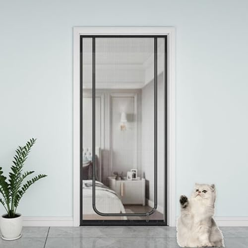 Mosquitera de malla para balcón, puerta de patio, balcón, gato, malla antimosquitos, puerta mosquitera con cremallera, fácil de usar (80 x 210 cm, negro-U)