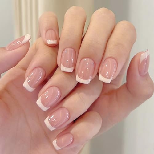 INBOLM 24Pcs Stick On Nails for Women French Nails Press On Nails French Tip French Tip Nails Short Press On Nails Stick On Nails for Women No Glue French Manicure False Nails