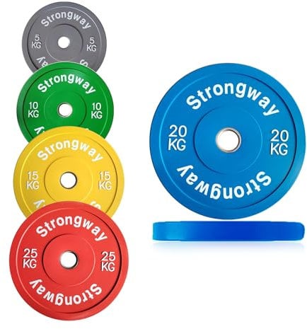 Strongway® Olympic Bumper Weight Plates Colour Coded (5KG 10KG 15KG 20KG 25KG) Discs for Barbell - 2 Inch (2) / 50mm Hole - Weight Lifting Workout Home Gym Fitness (70KG SET)