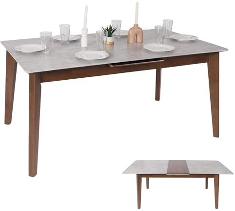 Esszimmertisch HWC-M57, Esstisch, Massiv-Holz Laminat Melamin 160-200x90cm, ausziehbar Beton-Optik, braune Beine