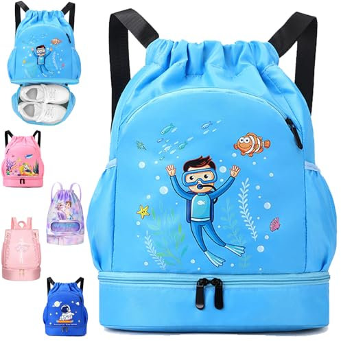 YOUYIKE Niños Mochila de Fitness, Deportiva Impermeable Bolsa de Playa, Bolsa para Viajes de Gimnasio, Adecuado Chico Chico Bolsa Deport, Mochila Con Cordón Chico buceador, Cielo azul