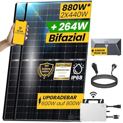 EPP.Solar® Balkonkraftwerk mit Speicher Komplettset 880W Bifazial | HMS Wechselrichter 800W | Photovoltaik Solaranlage mit 1,6 kWh Solarspeicher von Anker