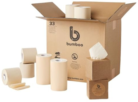 Bumboo Bamboo Unbleached Toilet Roll, Kitchen Towel & Face Tissue 33 Pack | 27 x 3 ply Toilet Paper| 3 x 2 ply Kitchen Towels | 3 x Facial Tissue Cubes