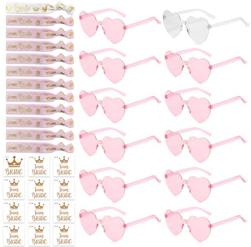 36 Stück JGA Brille Herz Sonnenbrille Set, Brille Team Armbänder Set jga accessoires, 12Herz Sonnenbrille+12Bride Tattoo Aufkleber+12Bride Armband