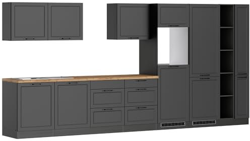 Lomadox Küche Einbauküche Küchenzeile 420 cm in grau, Arbeitsplatte in Eiche