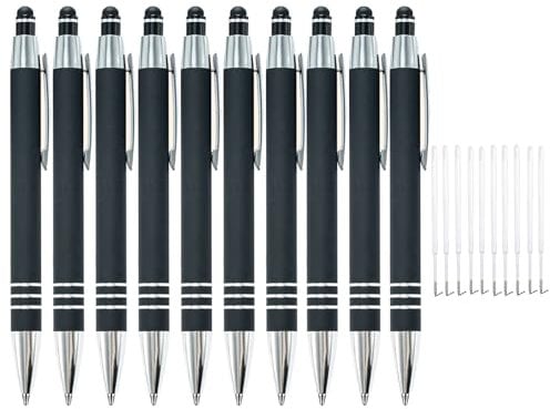 Catelves Kugelschreiber Mit Touchpen 1,0mm, 10 Stück 2 in 1 Kugelschreiber Hochwertig Set, Kugelschreiber Schwarz Mit Rutschfeste Griffzone, Kugelschreiber Set 10 Nachfüllen für Büro Haushalt(Schwarz)