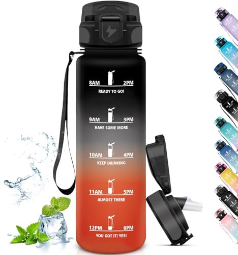 Grsta Botella Agua, Botella Agua Gimnasio con Pajita, Botella Agua 1 Litro, Fácil de Limpiar, Botella Agua Grande, Marca de Tiempo, Botella Plastico Reutilizable para Senderismo, Yoga, Correr