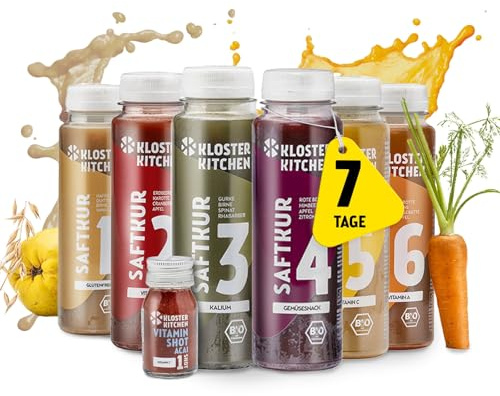 Kloster Kitchen Bio Saftkur 7 Tage I 42x 250ml Säfte + 7x 30ml Ingwer Shot I Fastenkur Vegan 6 Geschmacksrichtungen I 592 kcal pro Tag | Reich an Vitaminen | Kur Guide (10,50€ EINWEG Pfand)