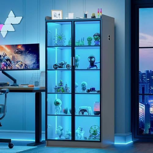 Lvifur Led Vitrine Buffetschrank Sideboard, 35 × 70 × 165 cm Smart Vitrinenschrank RGB 20 Farben Dimmbares Sideboard Intelligente Sensorik Vorratsschrank Wohnzimmer (Grau)
