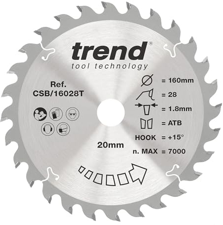 Trend 160mm x 20mm 28T Wood Cordless Circular Saw Blade, TCT | Ideal For Fast, Medium-Finish Cuts In Wood With 28 Teeth, 1.8mm Kerf And +15° Hook Angle, CSB/16028T