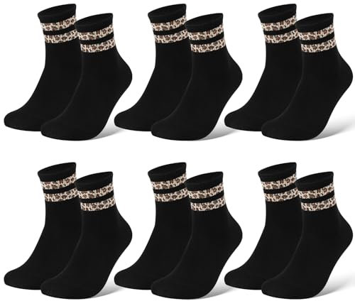 Utensilsto Damen Tennissocken, 6 Paare Schwarz, EU 37-41, Gestreift, Baumwolle, Atmungsaktiv, Mittelrohrsocken, Retro Crew Socken, Für Tennis, Spazierengehen, Radfahren und Alltag