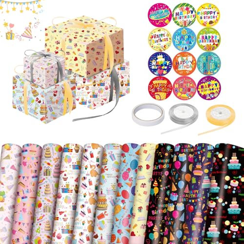Shinybox Geschenkpapier Geburtstag, 12 Stücke Geburtstagsgeschenkpapier Set und 12 Geschenkaufkleber mit 2 Rolle Band, Geschenkpapier für Geburtstagsfeiern, Geschenkverpackung Papier für alle Anlässe