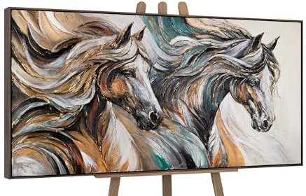YS-Art Peintures acryliques avec des chevaux sur toile avec cadre tableau mural coloré peint à la main salon décoration moderne photos bureau véritable art 200x100 cm
