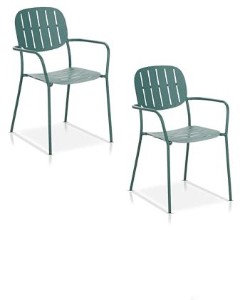 KHG Gartenstuhl Dunkel-Grün, 2 Stück wetterfest Eisen-Gestell für 2 Personen, moderner Balkonstuhl, Outdoor 74x80x80 cm, 110 kg belastbar