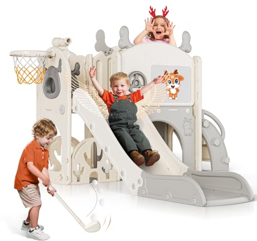 Kinderrutsche, Kleinkindrutsche mit Weihnachtselchmotiv Kleinkinderrutsche mit Golfset, Babyrutsche, Spielplatzgerät, für den Innen- und Außenbereich freistehend Babyrutsche (Beige Grau-6IN1-ML)