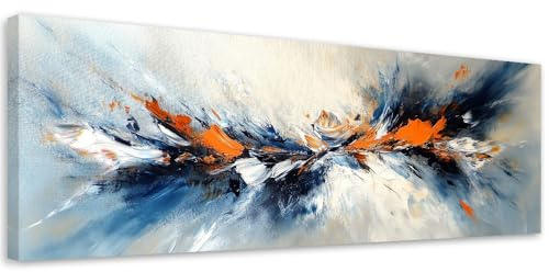 Feeby Wandbilder - Bilder Schlafzimmer - Abstraktes Grau Blau Orange - 120x40 1tlg - Wohnzimmer Bild Groß - Wohnungs - Foto Geschenk - Leinwand Wall Art - Wand Deko