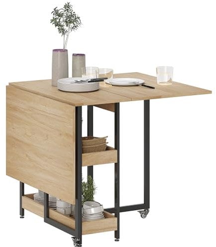 HOMCOM Tavolo da pranzo pieghevole, tavolo da cucina rettangolare pieghevole su rotelle per un massimo di 4 persone con scomparti aperti, per piccoli spazi, sala da pranzo, rovere
