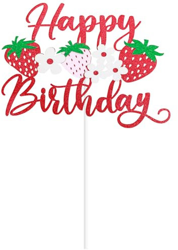 1 Stück Tortendeko Erdbeere, Erdbeer Deko Geburtstag mit Glitzer für Kuchen, Kinderparty & Baby Dusche, Früchte Tortendeko für Jungen & Mädchen