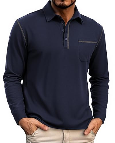 HMIYA Herren Poloshirt Langarm Männer Knopfkragen Baumwolle Polo Hemd Basic Polohemd PulloverGolf Casual T-Shirt,Navy Blau,2XL