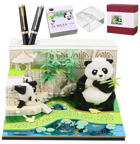 3D-Notizblock Panda 2026, Abreißen Panda Kalender, 2026 Tischkalender-Notizblock, Demotivierende Tischkalender, Kreative Papierskulptur Panda Desktop Ornament (Panda - D)