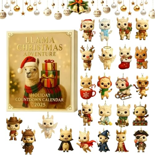 Alpaka-Weihnachts-Adventskalender 2025, 24 Tage, Weihnachts-Countdown-Kalender mit 2D-Acryl, niedlicher Lama-Baumschmuck, festliches Lama-Thema, Urlaubsdekoration für Zuhause, für Tierliebhaber