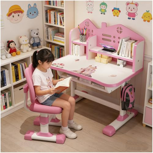 toilmua Desk with Chair for Children 3 to 12 Years, Height Adjustable, Functional Desk and Chair Set, Density Plate, Gold Distance, Science Separation, Children's School