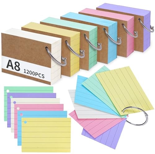 ELAKIRI 1200er Karteikarten A8 mit Metallringen, 180 g/m² verdicktes Papier beidseitig liniert, 6 Farben Lernkarten & Vokabelkarten für Vokabeln, Formeln, Notizen - Schule, Büro, Studium