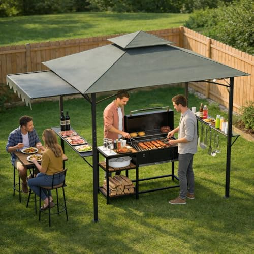 Soontrans Grillpavillon mit Seitendach & 2 Seitenablagen & 5 Haken, Überdachter Grillplatz für Garten, Flammschutz Doppelsrauchabzug, 244 x 151 x 260 cm, Pavillon BBQ Pavillon aus Stahlgestell