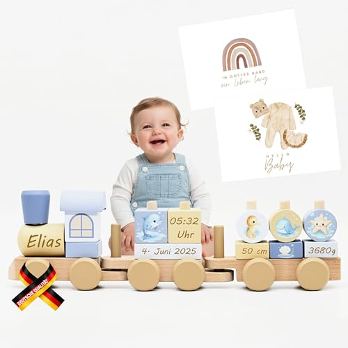Holzeisenbahn [personalisierbar] Geschenke zur Geburt, Holzzug, personalisierte Geschenke Baby, Baby Geschenk Junge, Spielzeug ab 1 Jahr, Motorikspielzeug Holzzug, Eisenbahn (Blau, Beige)
