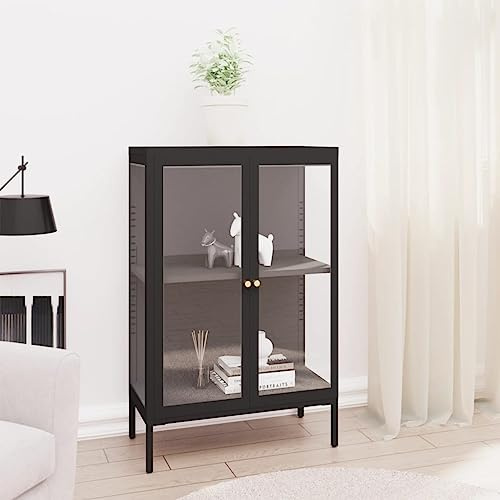 Ordellia Buffet Noir 75 x 35 x 105 cm Acier Enduit de Poudre et Verre trempé, bahut vitrine avec Porte vitrée, Rangement modulable pour Salon séjour Couloir Bureau
