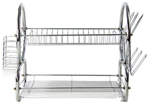 SQ Professional Dish Drainer | 2 Tier Aluminium dish drying rack |Dish Drainer with Detachable Plastic drip tray |Utensil and Cup Holder |Dish rack for Kitchen Countertop (Chrome)