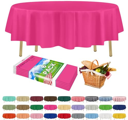 Zimpleware Nappe ronde en plastique jetable rose vif haut de gamme (lot de 6), 213 cm de diamètre, parfaites pour toute table jusqu’à 1,8 m de diamètre, idéales pour fêtes et réceptions