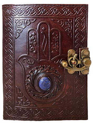 OVERDOSE HAMSA HAND EMBOSSED with STONE Journal - Handmade Antique Notebook For Students Office Travel Men Women Diary - Sketchbook - Drawing Notebook - Size 5x7 inches | 12x17 cm | A6