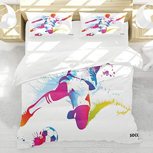 BEDNRY Juego de Ropa de Cama,Jugador de fútbol de Sala Adolescente patea la Pelota Imagen de Campeonato de Spray de Estilo Acuarela,1 Funda Nórdica 200x200cm y 2 Funda de Almohada