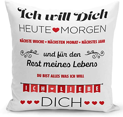 Kissen mit Spruch Ich Will Dich, Ich Liebe Dich - Geschenk für Freundin, Freund, Frau - Kissenhülle inklusive Kissen (Rot/Rückseite Herzen)
