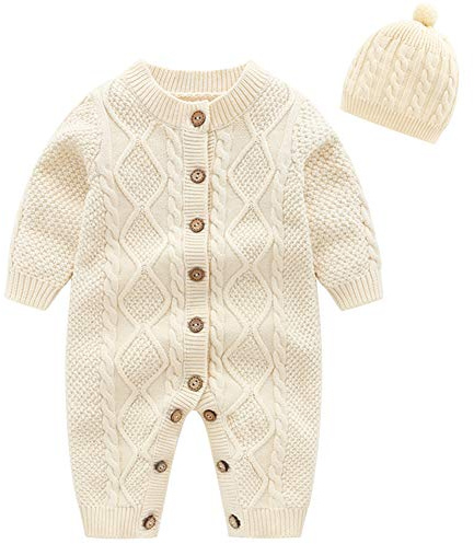amropi Nouveau-né Bébé Tricot Barboteuse avec Bonnet Combinaison Manches Longues Tenue Ensemble 6-12 Mois,Beige