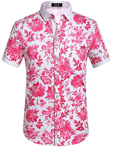 SSLR Chemise hawaïenne à manches courtes pour homme - Motif floral - Pour l'été - En coton - Manches courtes - Design décontracté, Rose, M