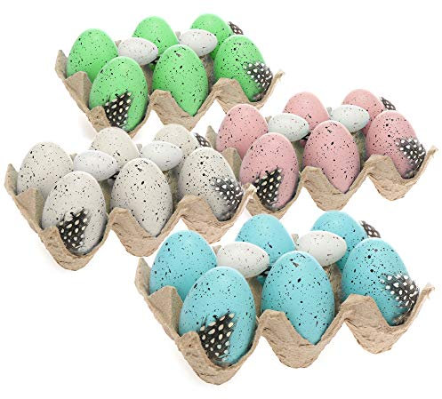 com-four® 32x Ostereier im Eierkarton - Osterdekoration im Wachteleier-Design in 4 Farben - Tischdekoration - fest fixierte Deko-Eier im Karton mit Federn (Eier im Karton - 32 Stück)