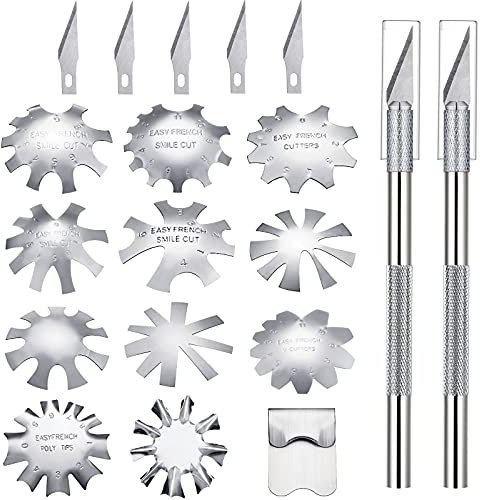 12 Pieces French Nail Trimmer Stainless Steel French Tip Cutters Smile Line Cutter Edge Manicure DIY Plate Module with 2 Handles Cutting Knife and 5 Spare Blade for Acrylic Nail(Silver)