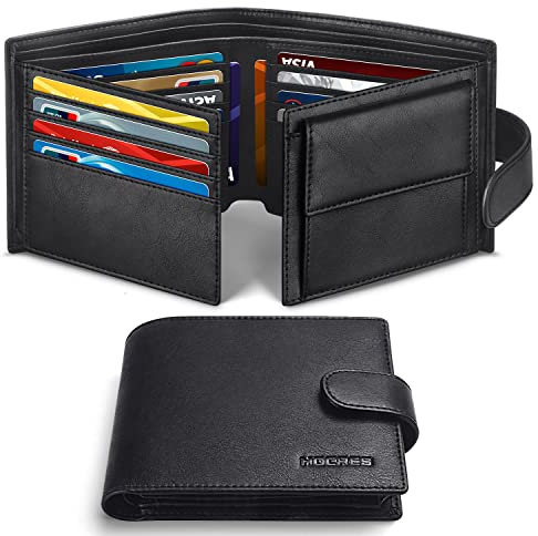 HOCRES Wallets for Men, RFID Blocking Wallet,Mens Wallet, Leather Wallet with 14 Credit Card Holders, 2 Banknote Compartments, 2 ID Window, Minimalist Mens Wallet with Gift Box, Black
