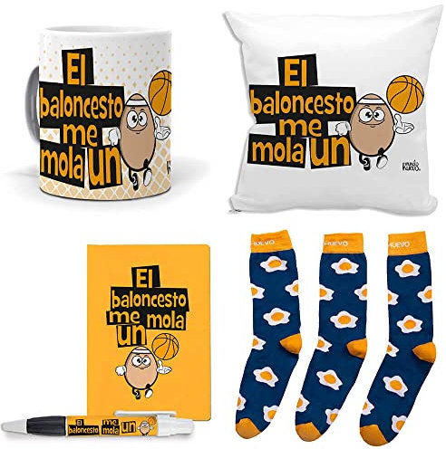 Mega Regalo Personalizado Divertido Baloncesto. El Baloncesto me Mola un Huevo. Taza, cojin, libreta, boli y Trio de Calcetines