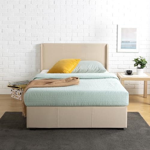 ZINUS Lit coffre tapisséà avec rangement 31 cm Maddon, Système de levage hydraulique sous le coffre, Pour adultes, enfants et adolescents, 90 x 190 cm, Beige