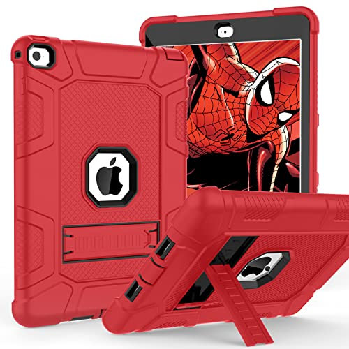 TIMISM Funda para iPad Air de 2ª generación 2014, iPad Air 2 con soporte, 3 en 1 resistente a los golpes, cubierta protectora híbrida de tres capas para iPad Air 2 A1566, A1567 (rojo + negro)