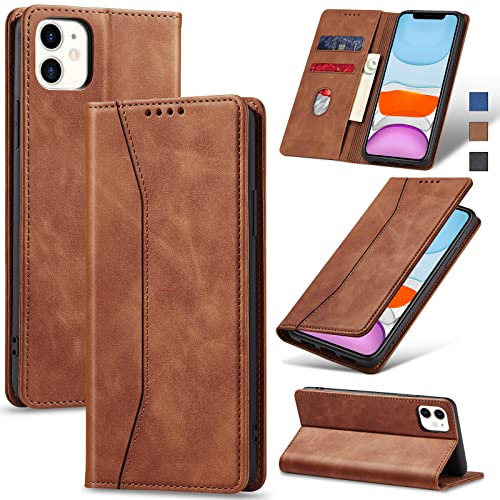 Jasonyu Case for iPhone 11 Leather Wallet Flip Cover with Card Holder,Kickstand, Magnetic Closure,TPU Shockproof Phone Case Compatible with iPhone 11 (Brown)
