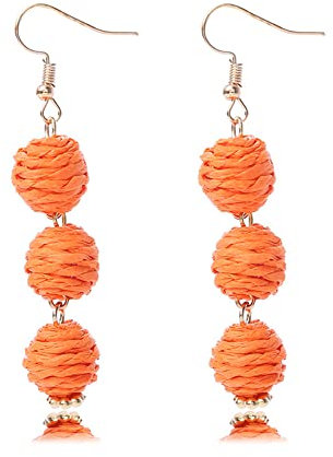 Lightweight Boho Thread Raffia Earrings for Women Handmade Braided Straw Wicker Lantern Ball Earrings Summer Beach Bohemian Geometric Earrings Holiday, Wood, rattan