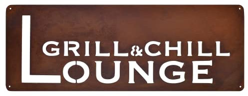 Deko Kind - Rostiges Grill und Chill Lounge Schild - 35x13cm - Wetterbeständig - Edelrost - Rost Gartenstecker - Metall - Wanddeko - Rost Deko - Grillecke - Gartenfigur