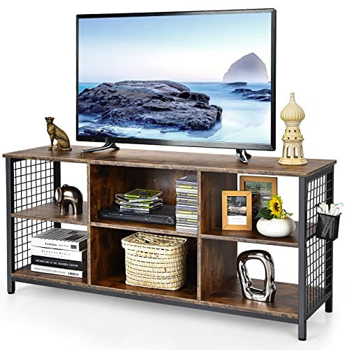 COSTWAY 140cm Industrial TV Stand for TVs up to 65 Inches, 3-Tier TV Cabinet Shelf Media Entertainment Center with Storage Basket, Wooden TV Unit Console Table for Living Room Bedroom
