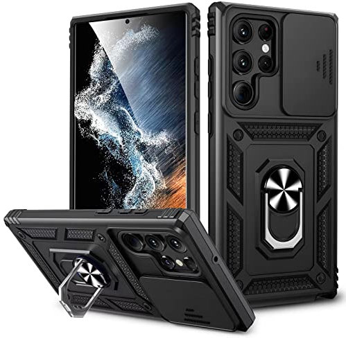 Fewdew for S23 Ultra Case, Galaxy S23 Ultra Case with Slide Camera Cover & 360° Rotating Kickstand, Military Grade Shockproof Heavy Duty Protective Phone Case for Samsung Galaxy S23 Ultra,Black