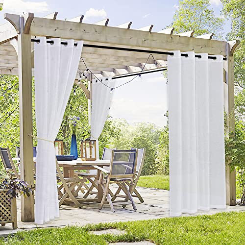 PONY DANCE Rideau Voilage Blanc - Rideaux D'extérieur Décoration de Maison Lin Effet pour Jardin & Patio Romantique Elégant à Oeillets pour Extérieur, L 137 x H 213 cm, 2 PCs