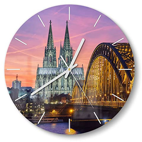 DEQORI Glasuhr | rund Ø 30 cm | Motiv Kölner Wahrzeichen abends | ausgefallene leise Design Uhr aus Glas | Wanduhr für Wohnzimmer & Küche | Moderne Hingucker Uhr für die Wand